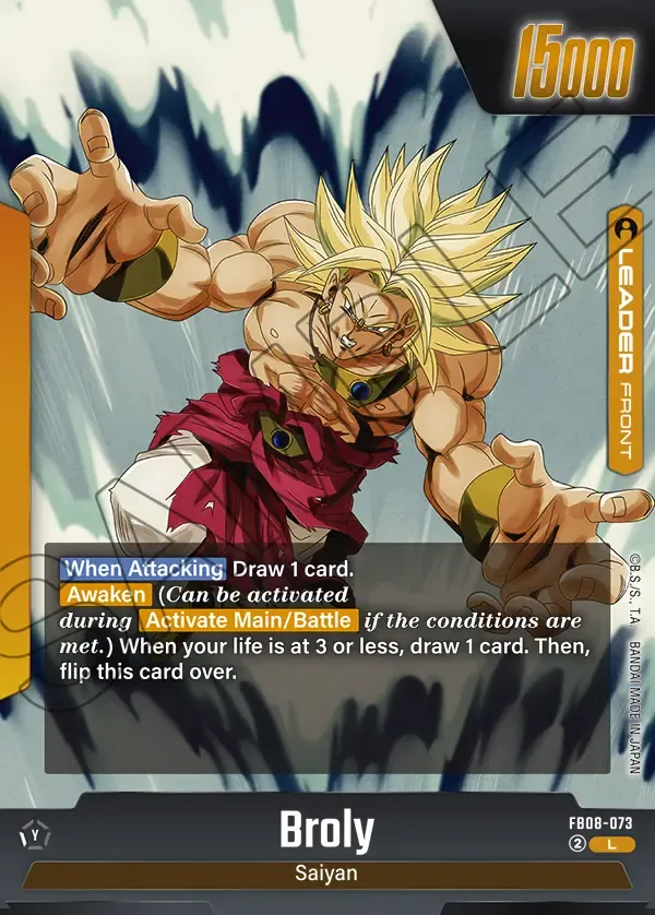 2026 Dragon Ball Super Card Game Fusion World Story Booster 01 (ST01) #FB08-073 Broly Parallel; official card image from the Bandai card database; publisher sample markings retained