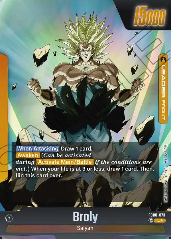 2026 Dragon Ball Super Card Game Fusion World Story Booster 01 (ST01) #FB08-073 Broly Parallel; official card image from the Bandai card database; publisher sample markings retained
