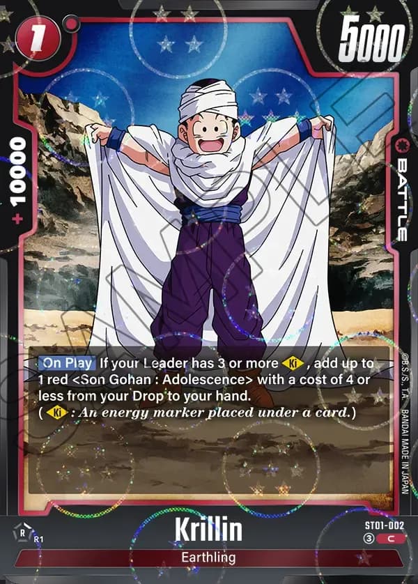 2026 Dragon Ball Super Card Game Fusion World Story Booster 01 (ST01) #ST01-002 Krillin Parallel; official card image from the Bandai card database; publisher sample markings retained