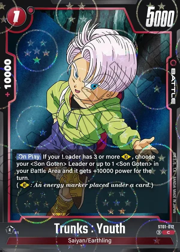 2026 Dragon Ball Super Card Game Fusion World Story Booster 01 (ST01) #ST01-012 Trunks : Youth Parallel; official card image from the Bandai card database; publisher sample markings retained