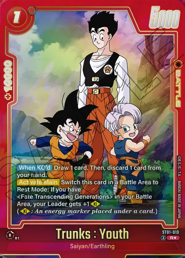 2026 Dragon Ball Super Card Game Fusion World Story Booster 01 (ST01) #ST01-013 Trunks : Youth Parallel; official card image from the Bandai card database; publisher sample markings retained