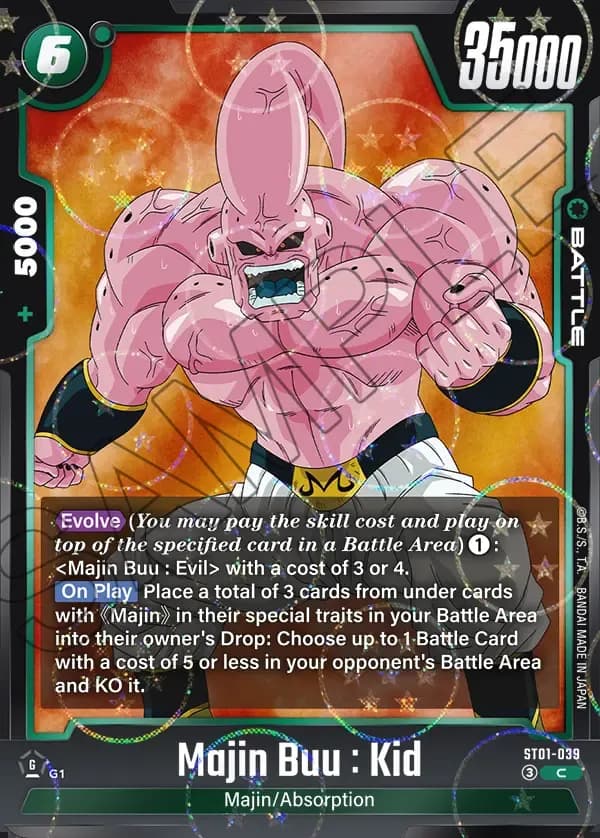2026 Dragon Ball Super Card Game Fusion World Story Booster 01 (ST01) #ST01-039 Majin Buu : Kid Parallel; official card image from the Bandai card database; publisher sample markings retained