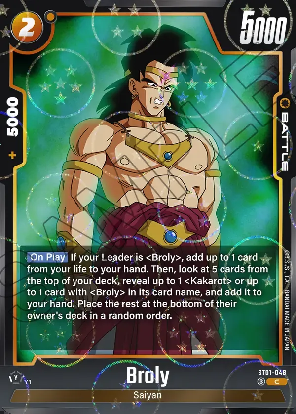 2026 Dragon Ball Super Card Game Fusion World Story Booster 01 (ST01) #ST01-048 Broly Parallel; official card image from the Bandai card database; publisher sample markings retained