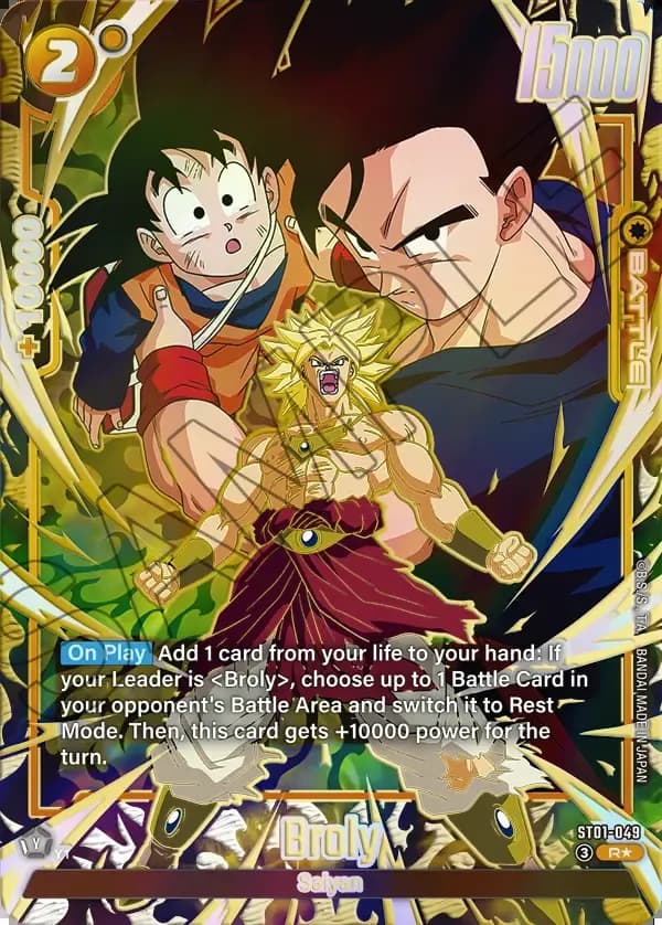 2026 Dragon Ball Super Card Game Fusion World Story Booster 01 (ST01) #ST01-049 Broly Parallel; official card image from the Bandai card database; publisher sample markings retained