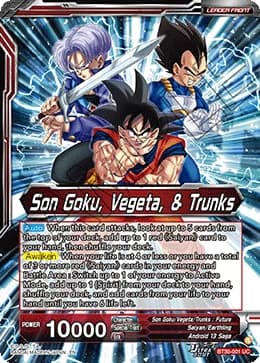 2026 Dragon Ball Super Card Game Masters Three Glorious Fighters (DBS-B30) #BT30-001_PR Son Goku, Vegeta, & Trunks Special Leader Rare; official card image from the Bandai card database; publisher sample markings retained where present