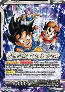 2026 Dragon Ball Super Card Game Masters Three Glorious Fighters (DBS-B30) #BT30-108_PR Son Goku, Pan, & Trunks Special Leader Rare; official card image from the Bandai card database; publisher sample markings retained where present