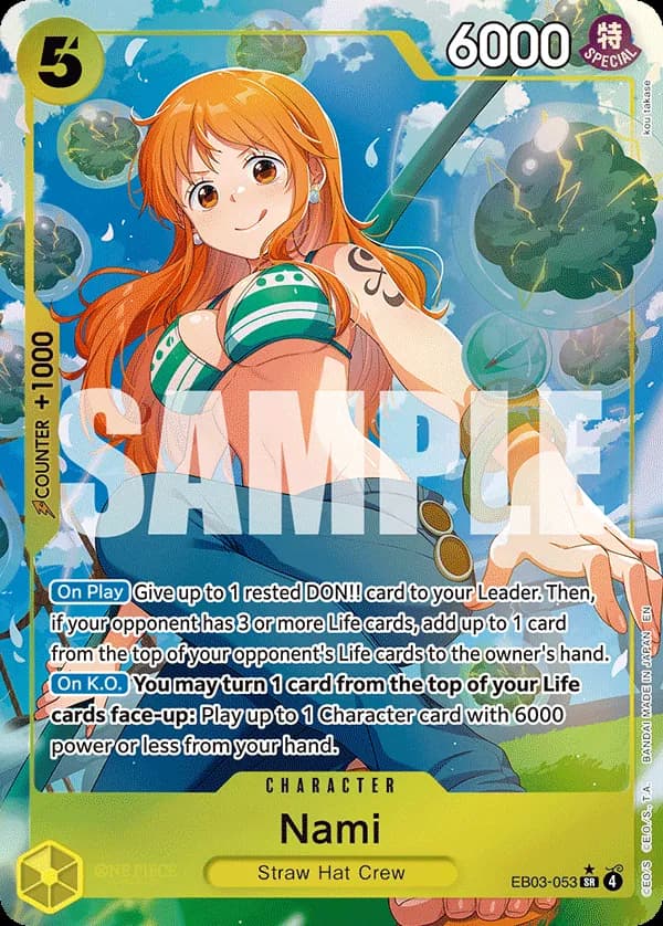 2026 One Piece Card Game One Piece Heroines Edition (EB-03) #EB03-053 Nami Parallel; official card image from the Bandai card list; publisher sample markings retained