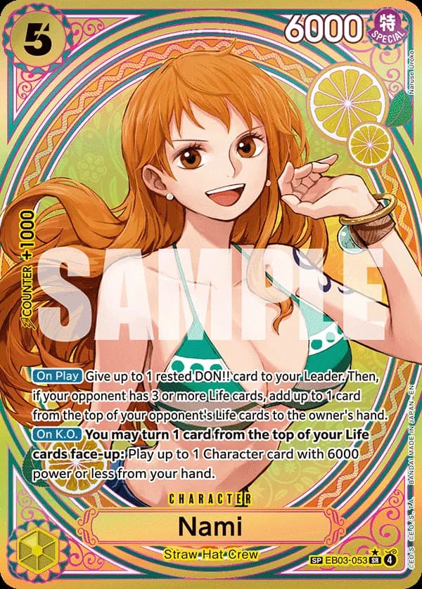 2026 One Piece Card Game One Piece Heroines Edition (EB-03) #EB03-053 Nami Parallel; official card image from the Bandai card list; publisher sample markings retained