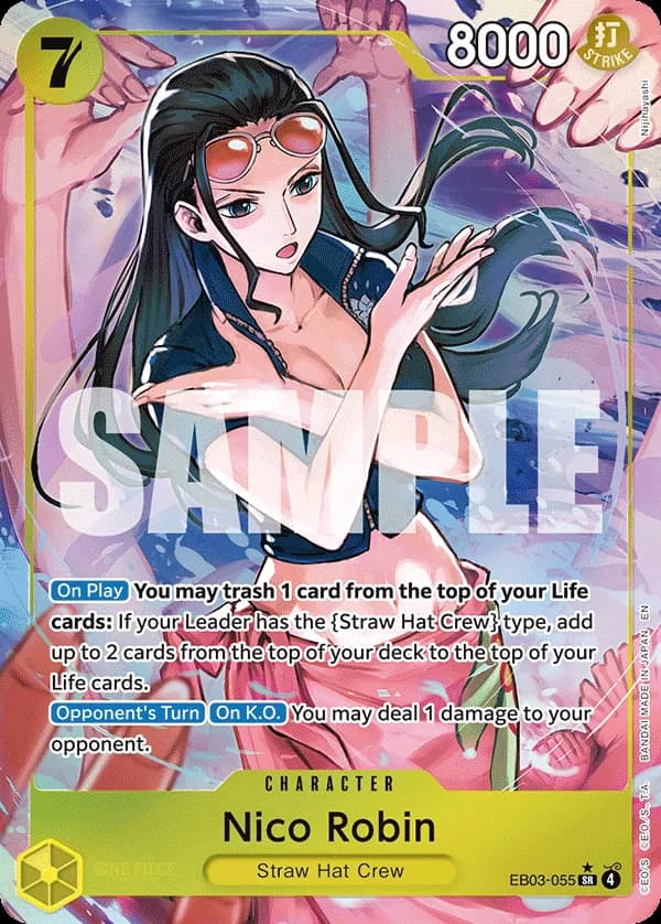 2026 One Piece Card Game One Piece Heroines Edition (EB-03) #EB03-055 Nico Robin Parallel; official card image from the Bandai card list; publisher sample markings retained