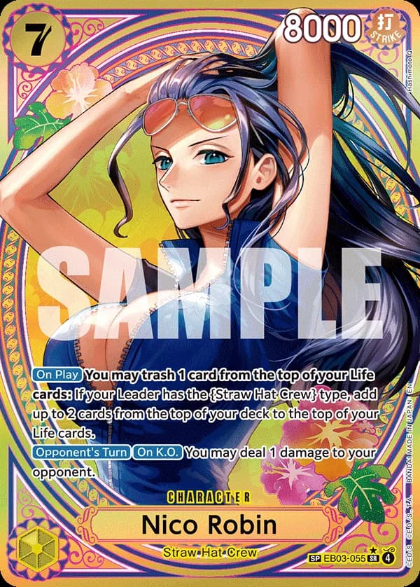 2026 One Piece Card Game One Piece Heroines Edition (EB-03) #EB03-055 Nico Robin Parallel; official card image from the Bandai card list; publisher sample markings retained