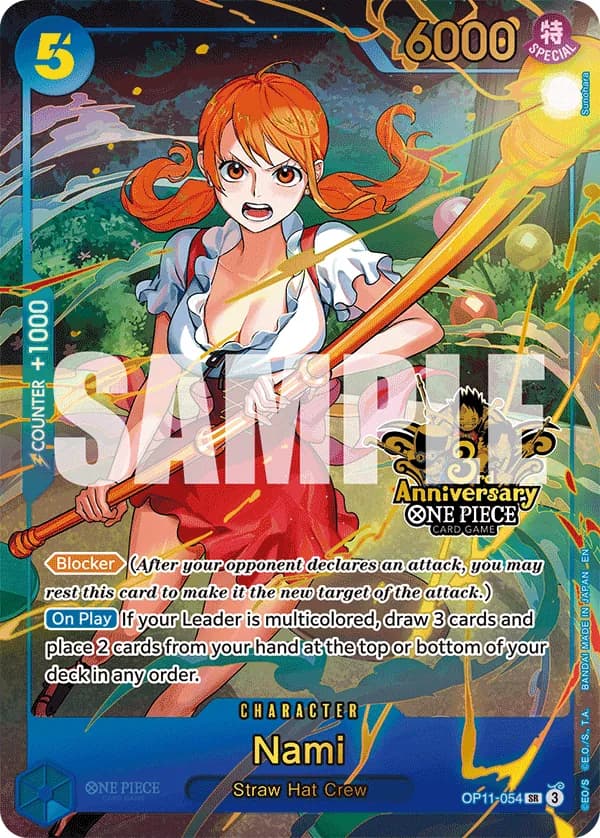 2026 One Piece Card Game Japanese 3rd ANNIVERSARY SET #OP11-054 Nami Parallel; official card image from the Bandai card list; publisher sample markings retained