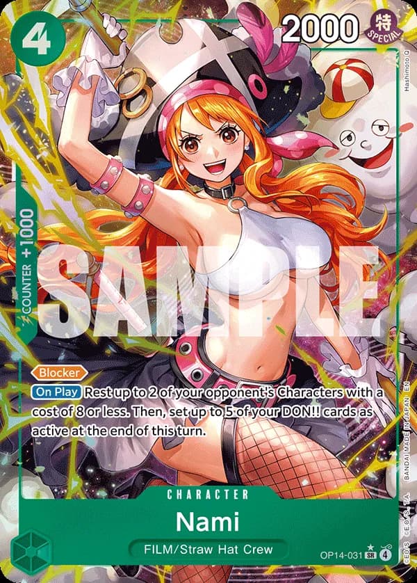 2026 One Piece Card Game The Azure Sea's Seven (OP14-EB04) #OP14-031 Nami Parallel; official card image from the Bandai card list; publisher sample markings retained