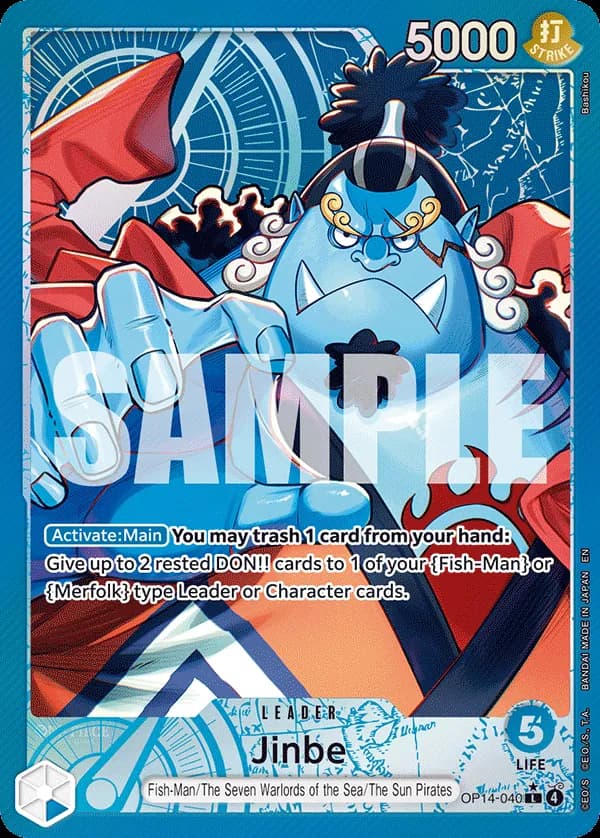 2026 One Piece Card Game The Azure Sea's Seven (OP14-EB04) #OP14-040 Jinbe Parallel; official card image from the Bandai card list; publisher sample markings retained