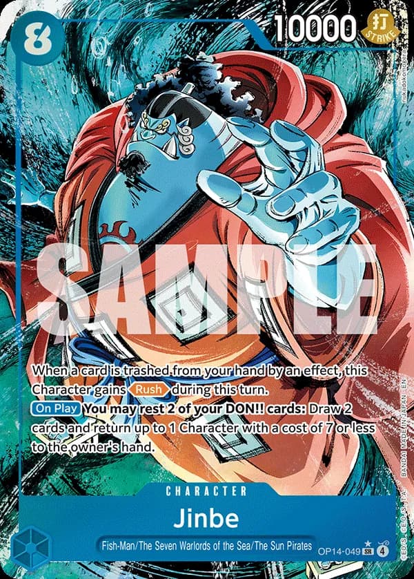 2026 One Piece Card Game The Azure Sea's Seven (OP14-EB04) #OP14-049 Jinbe Parallel; official card image from the Bandai card list; publisher sample markings retained