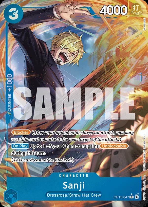 2026 One Piece Card Game Adventure on Kami's Island (OP15-EB04) #OP15-047 Sanji Parallel; official card image from the Bandai card list; publisher sample markings retained