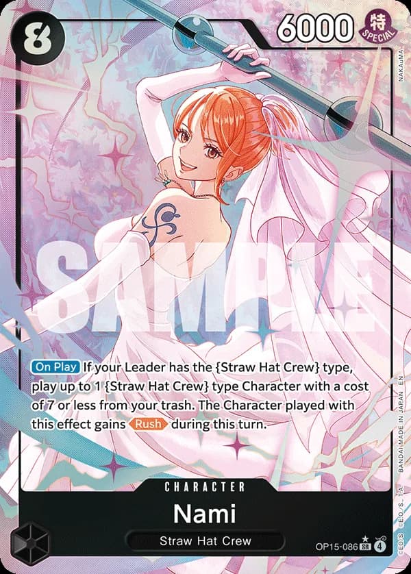 2026 One Piece Card Game Adventure on Kami's Island (OP15-EB04) #OP15-086 Nami Parallel; official card image from the Bandai card list; publisher sample markings retained