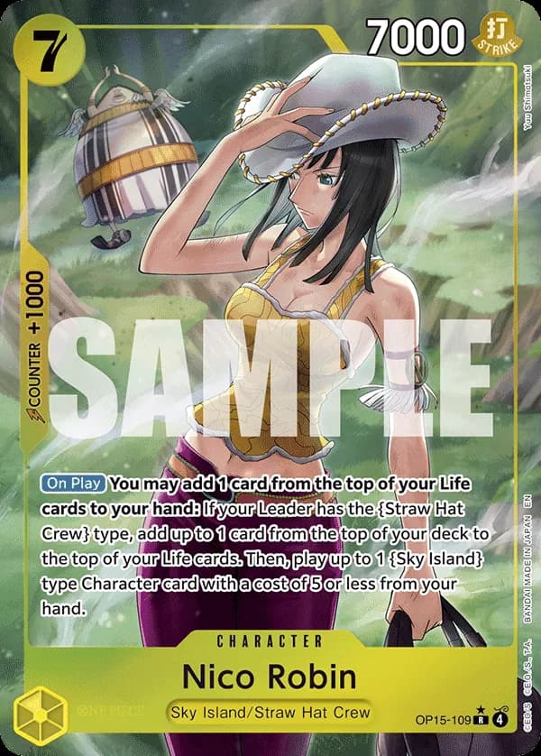 2026 One Piece Card Game Adventure on Kami's Island (OP15-EB04) #OP15-109 Nico Robin Parallel; official card image from the Bandai card list; publisher sample markings retained