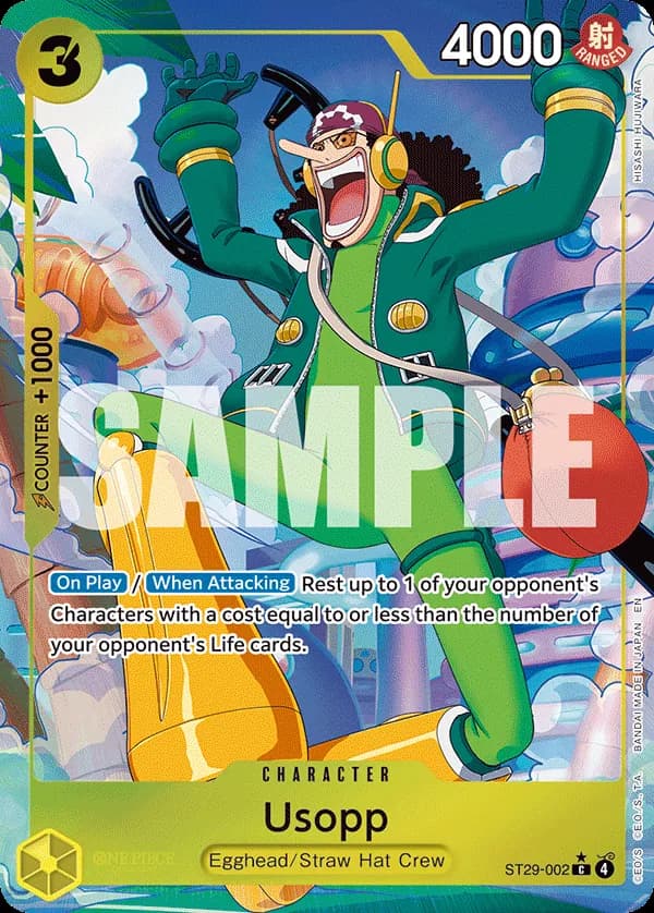 2026 One Piece Card Game Egghead (ST-29) #ST29-002 Usopp Parallel; official card image from the Bandai card list; publisher sample markings retained
