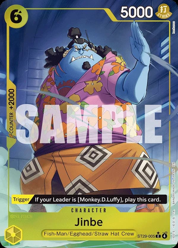 2026 One Piece Card Game Egghead (ST-29) #ST29-005 Jinbe Parallel; official card image from the Bandai card list; publisher sample markings retained