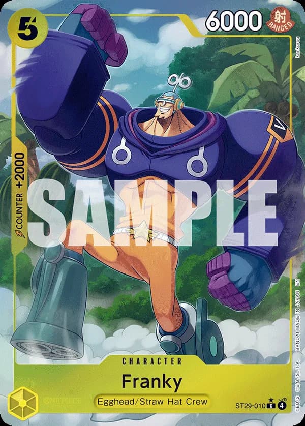 2026 One Piece Card Game Egghead (ST-29) #ST29-010 Franky Parallel; official card image from the Bandai card list; publisher sample markings retained