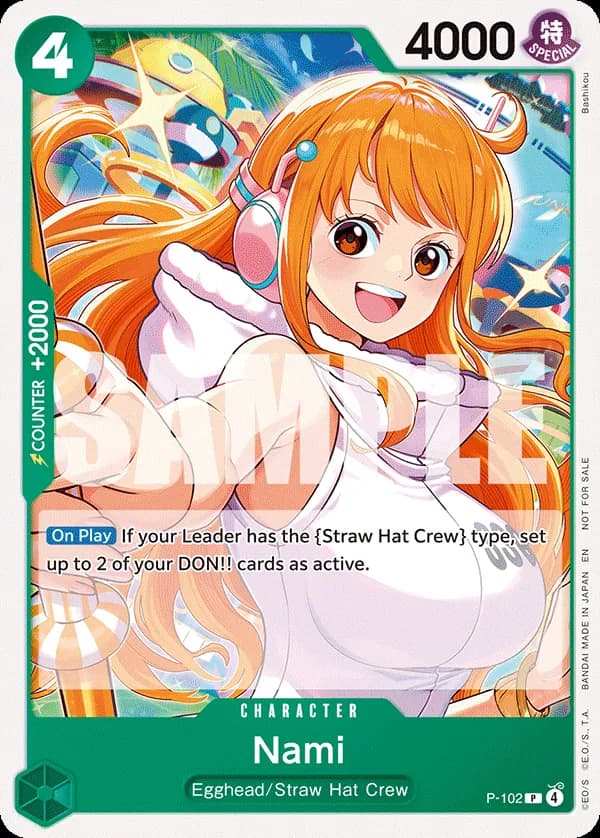 2026 One Piece Card Game Tournament Pack 2026 Vol. 2 #P-102 Nami Parallel; official card image from the Bandai card list; publisher sample markings retained