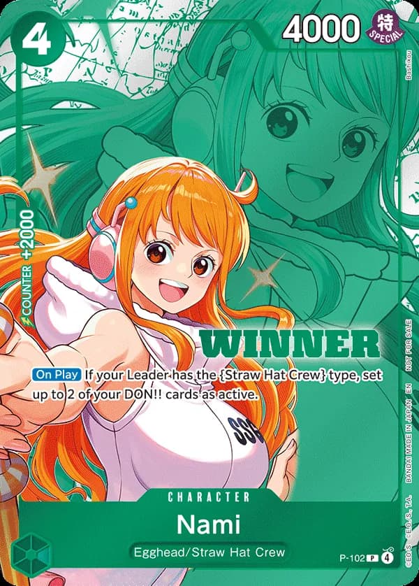 2026 One Piece Card Game Winner Pack 2026 Vol. 2 #P-102 Nami Parallel; official card image from the Bandai card list; publisher sample markings retained