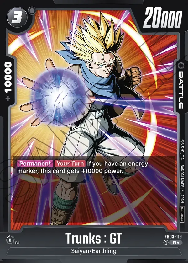 Dragon Ball Super Card Game Fusion World Championship Pack02 #FB03-119 Trunks : GT Parallel; official card image from the Bandai card database; publisher sample markings retained
