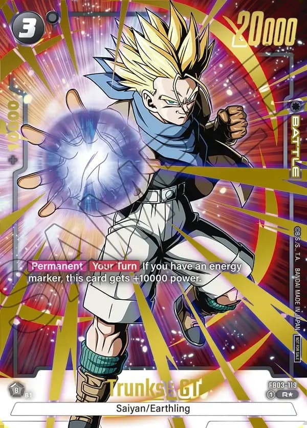 Dragon Ball Super Card Game Fusion World Championship Pack02 #FB03-119 Trunks : GT Parallel; official card image from the Bandai card database; publisher sample markings retained