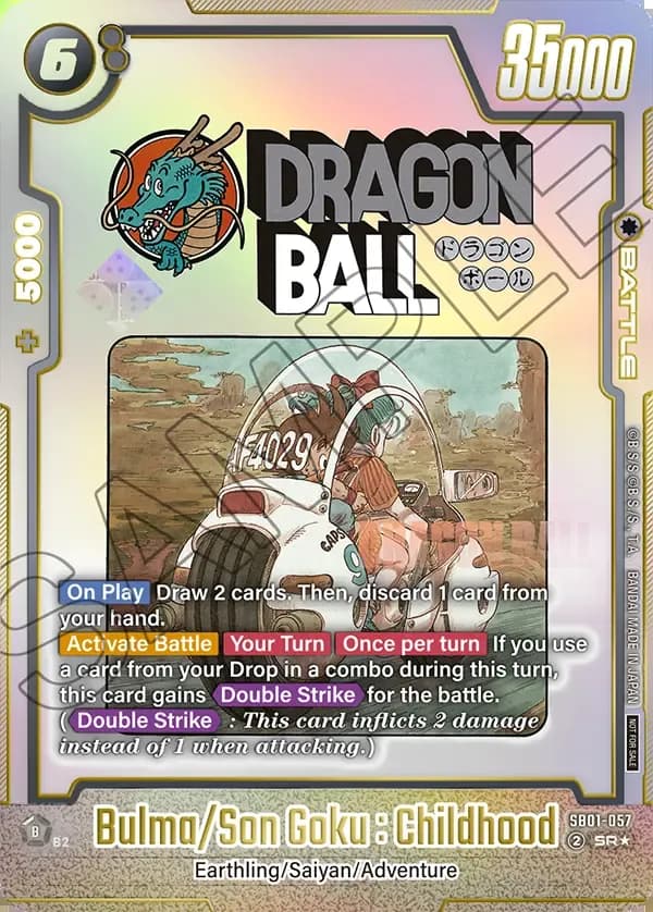 Dragon Ball Super Card Game Fusion World DRAGON BALL 40th Anniversary Event WINNER #SB01-057 Bulma/Son Goku : Childhood Parallel; official card image from the Bandai card database; publisher sample markings retained