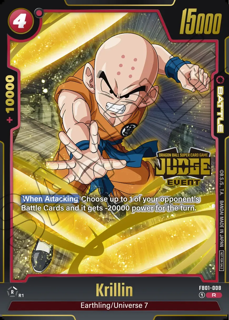 Dragon Ball Super Card Game Fusion World Judge Pack 01 EVENT JUDGE #FB01-008 Krillin Parallel; official card image from the Bandai card database; publisher sample markings retained