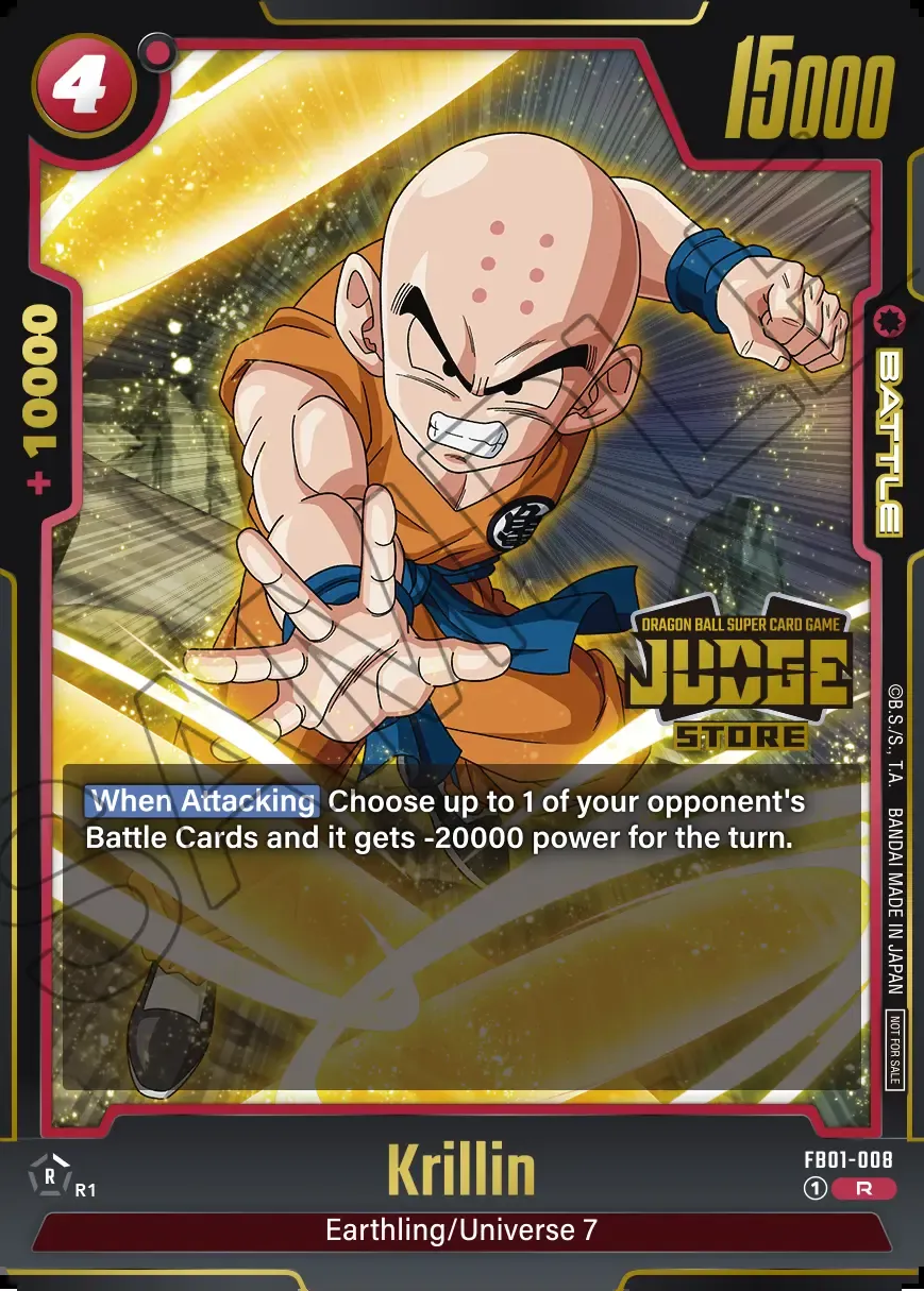 Dragon Ball Super Card Game Fusion World Judge Pack 01 STORE JUDGE #FB01-008 Krillin Parallel; official card image from the Bandai card database; publisher sample markings retained