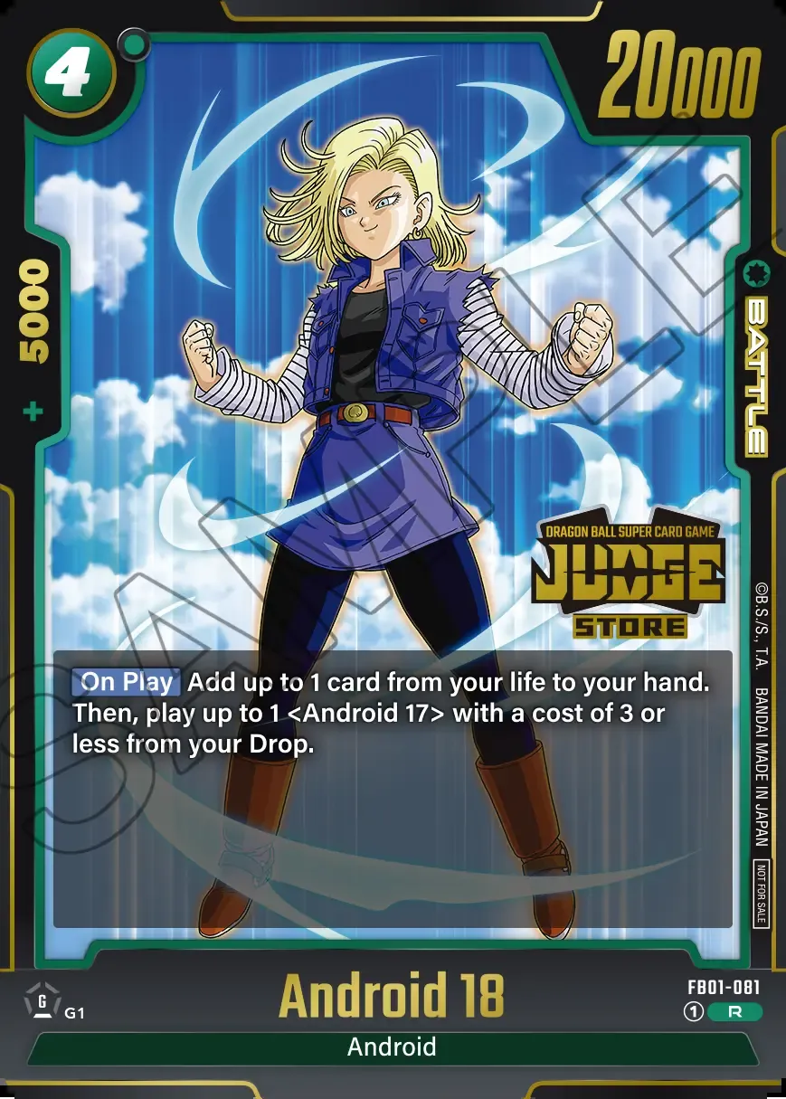 Dragon Ball Super Card Game Fusion World Judge Pack 01 STORE JUDGE #FB01-081 Android 18 Parallel; official card image from the Bandai card database; publisher sample markings retained