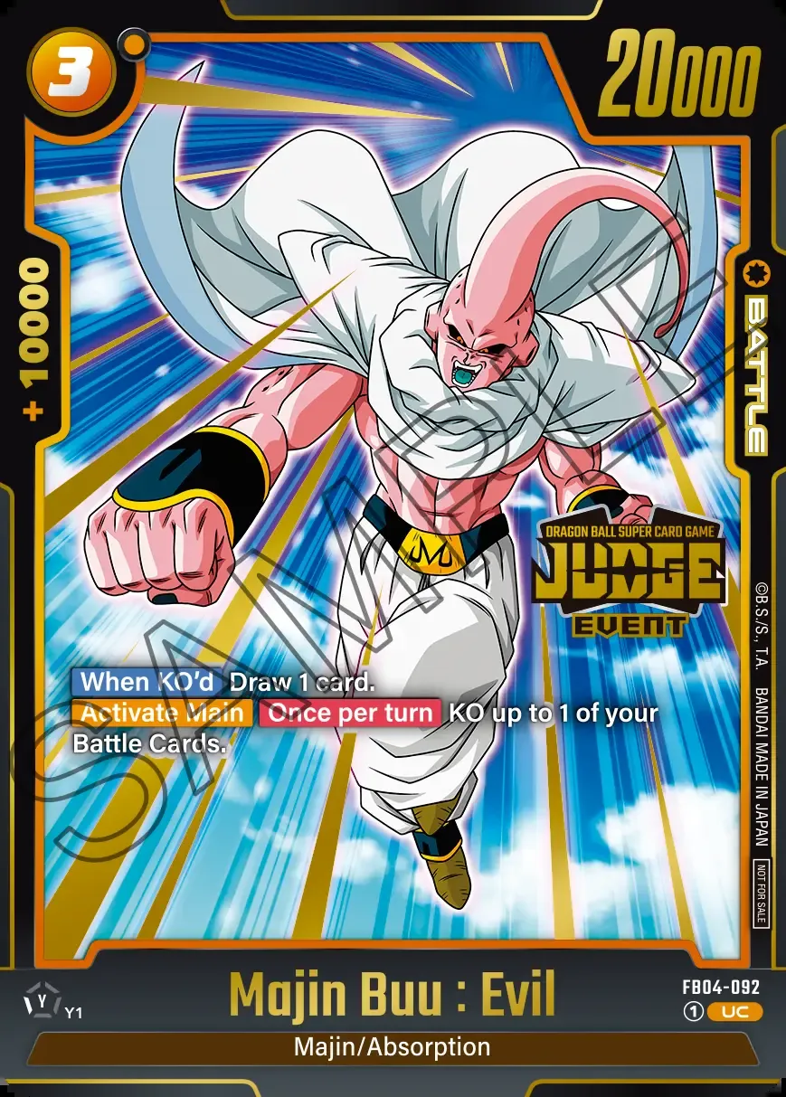 Dragon Ball Super Card Game Fusion World Judge Pack 03 EVENT JUDGE #FB04-092 Majin Buu : Evil Parallel; official card image from the Bandai card database; publisher sample markings retained