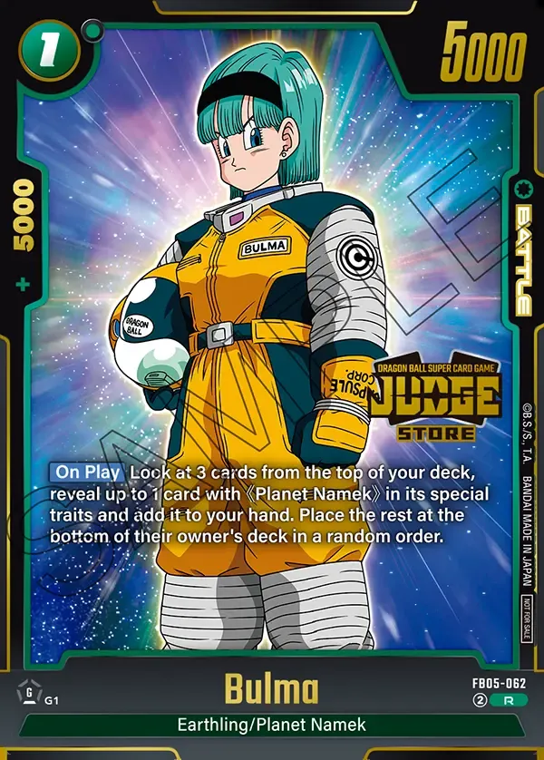 Dragon Ball Super Card Game Fusion World Judge Pack 04 STORE JUDGE #FB05-062 Bulma Parallel; official card image from the Bandai card database; publisher sample markings retained