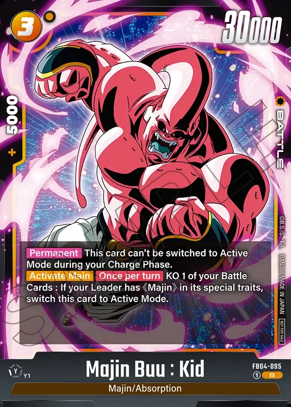 Dragon Ball Super Card Game Fusion World Limited Pack 01 #FB04-095 Majin Buu : Kid Parallel; official card image from the Bandai card database; publisher sample markings retained
