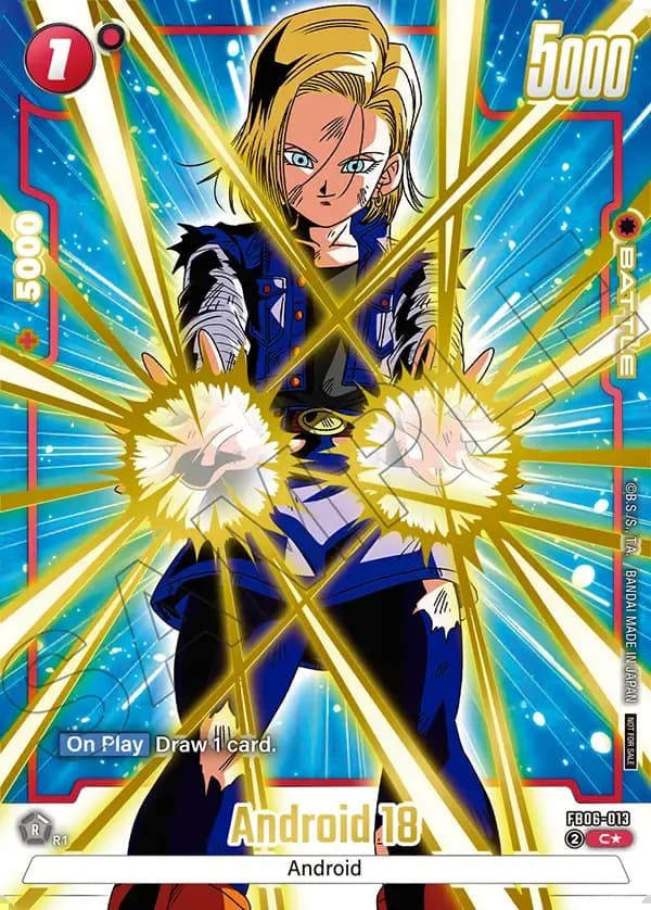 Dragon Ball Super Card Game Fusion World Limited Pack 02 #FB06-013 Android 18 Parallel; official card image from the Bandai card database; publisher sample markings retained