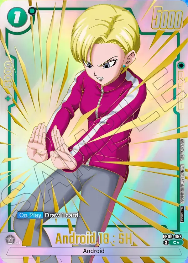 Dragon Ball Super Card Game Fusion World Limited Pack 26-27 WAVE1 #FB09-056 Android 18 : SH Parallel; official card image from the Bandai card database; publisher sample markings retained