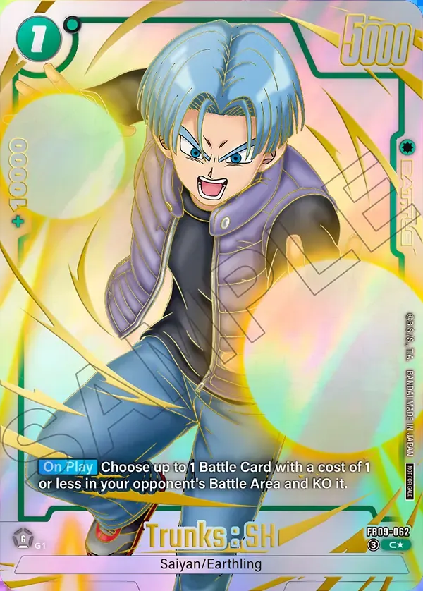 Dragon Ball Super Card Game Fusion World Limited Pack 26-27 WAVE1 #FB09-062 Trunks : SH Parallel; official card image from the Bandai card database; publisher sample markings retained