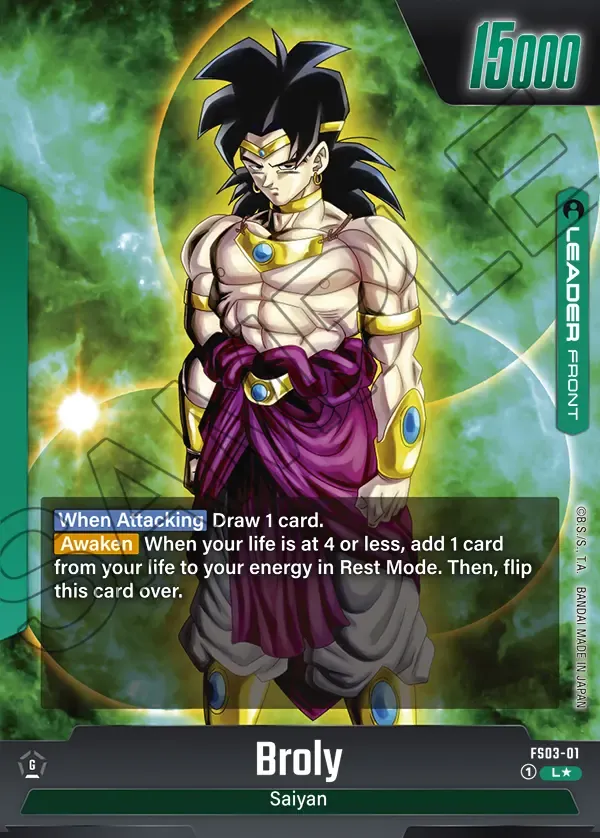 Dragon Ball Super Card Game Fusion World Premium Card Collection 01 -Leaders- #FS03-01 Broly Parallel; official card image from the Bandai card database; publisher sample markings retained