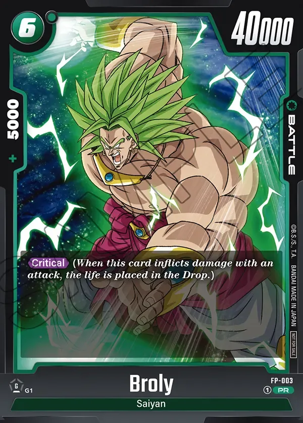 Dragon Ball Super Card Game Fusion World Promotion Pack vol.1 #FP-003 Broly; official card image from the Bandai card database; publisher sample markings retained