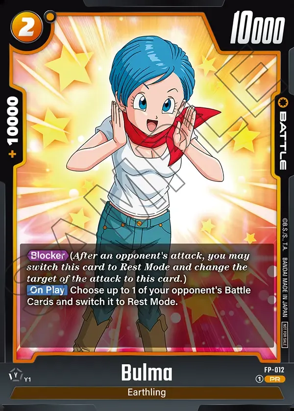 Dragon Ball Super Card Game Fusion World Promotion Pack vol.2 #FP-012 Bulma; official card image from the Bandai card database; publisher sample markings retained