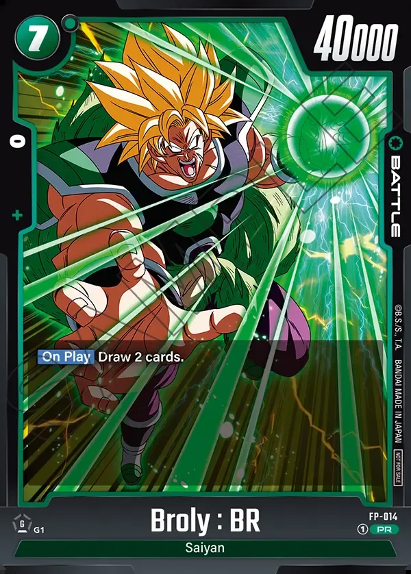 Dragon Ball Super Card Game Fusion World Ultimate Battle Participation Prize #FP-014 Broly : BR; official card image from the Bandai card database; publisher sample markings retained