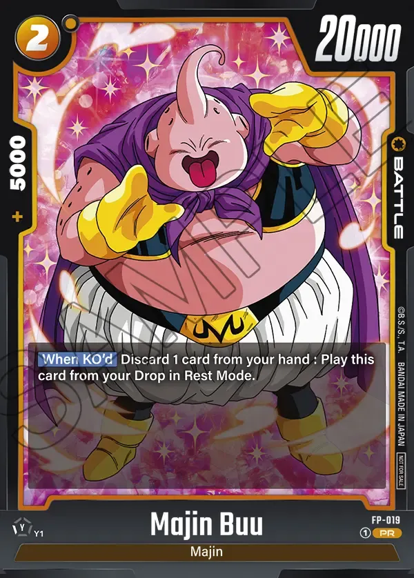 Dragon Ball Super Card Game Fusion World Promotion pack vol.3 #FP-019 Majin Buu; official card image from the Bandai card database; publisher sample markings retained