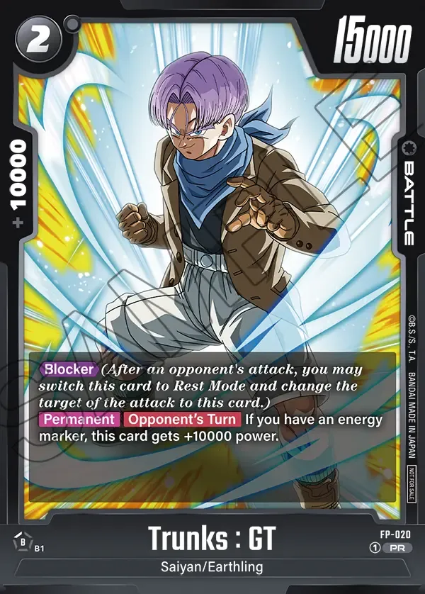 Dragon Ball Super Card Game Fusion World Promotion pack vol.3 #FP-020 Trunks : GT; official card image from the Bandai card database; publisher sample markings retained