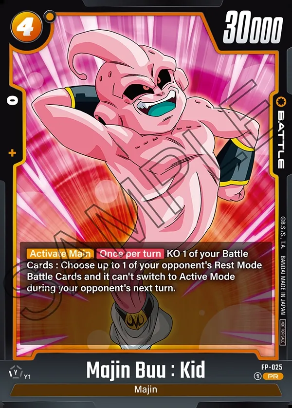 Dragon Ball Super Card Game Fusion World Promotion Pack vol.4 #FP-025 Majin Buu : Kid; official card image from the Bandai card database; publisher sample markings retained