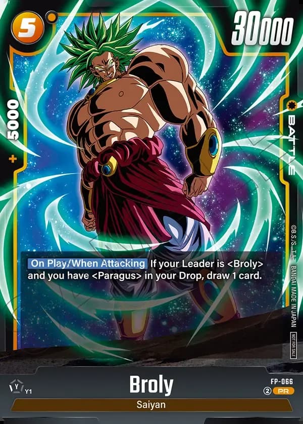 Dragon Ball Super Card Game Fusion World Tournament Pack09 #FP-066 Broly; official card image from the Bandai card database; publisher sample markings retained