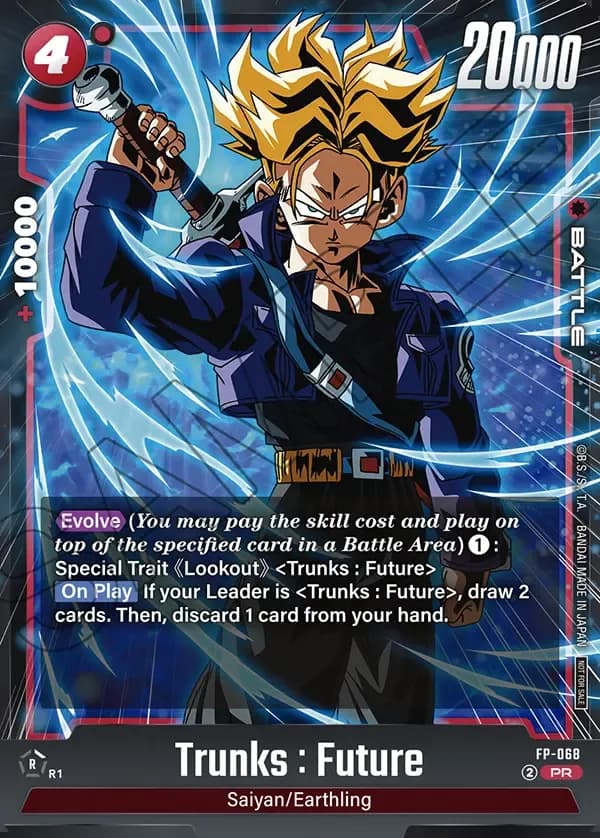 Dragon Ball Super Card Game Fusion World Release Event Participation #FP-068 Trunks : Future; official card image from the Bandai card database; publisher sample markings retained