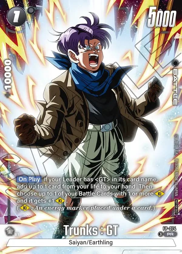 Dragon Ball Super Card Game Fusion World Tournament Pack10 #FP-074 Trunks : GT; official card image from the Bandai card database; publisher sample markings retained