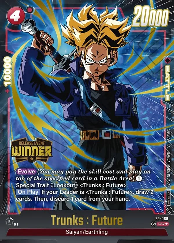 Dragon Ball Super Card Game Fusion World Release Event WINNER #FP-068 Trunks : Future Parallel; official card image from the Bandai card database; publisher sample markings retained
