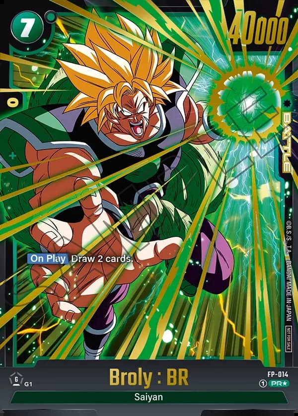Dragon Ball Super Card Game Fusion World Selection Pack 01 #FP-014 Broly : BR Parallel; official card image from the Bandai card database; publisher sample markings retained
